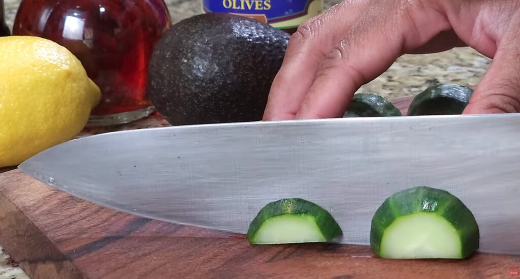 Slicing the Cucumber for Greek Salad