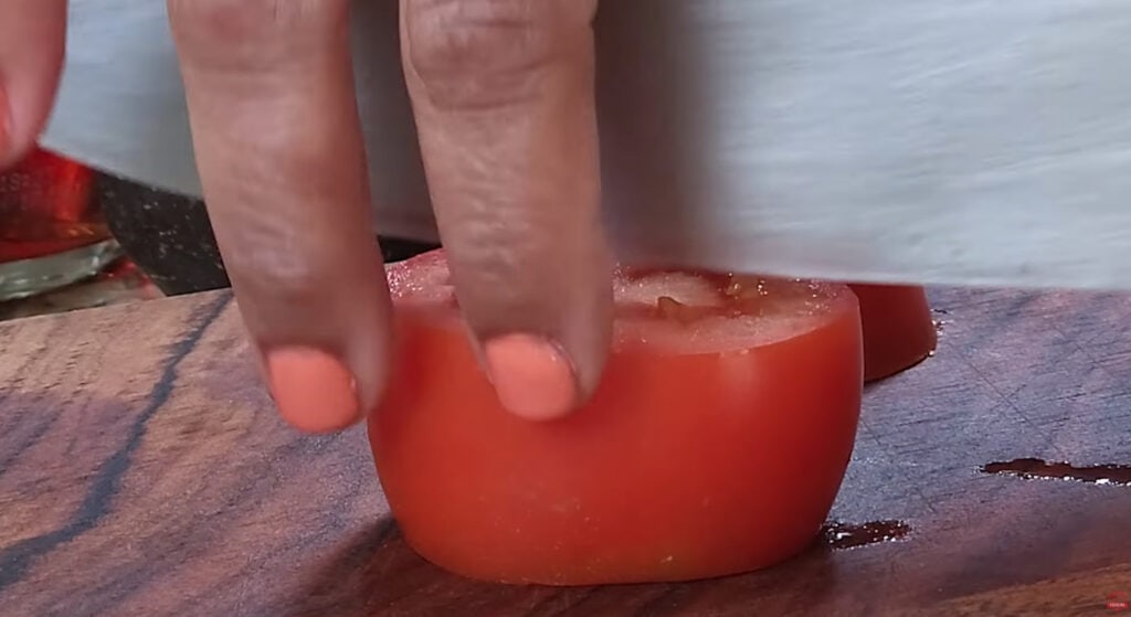 Slicing the Tomatoes for Greek Salad