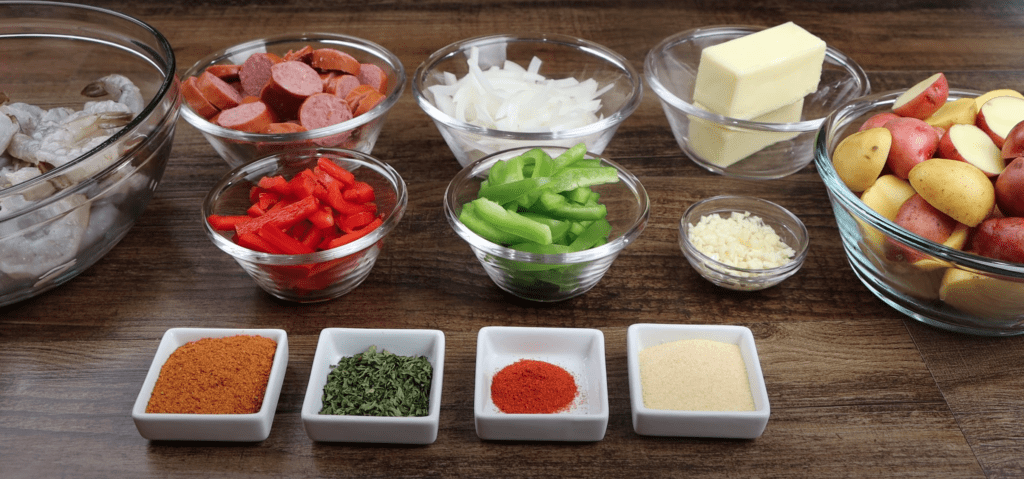 ingredients for sheet pan shrimp and sausage
shrimp boil 