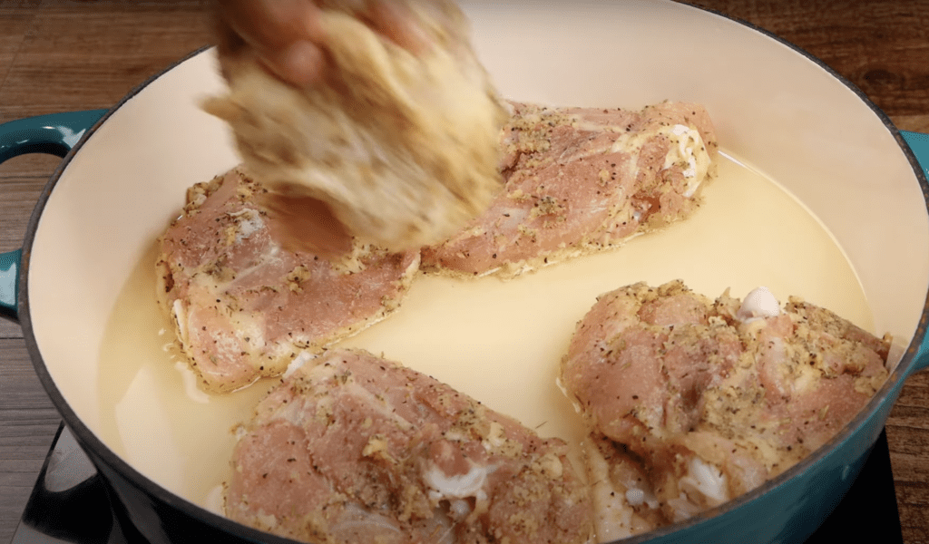 browning the chicken for Southern Stewed Chicken