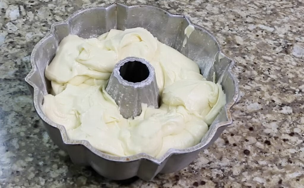 Filling Bundt Pan for Cream Cheese Pound Cake