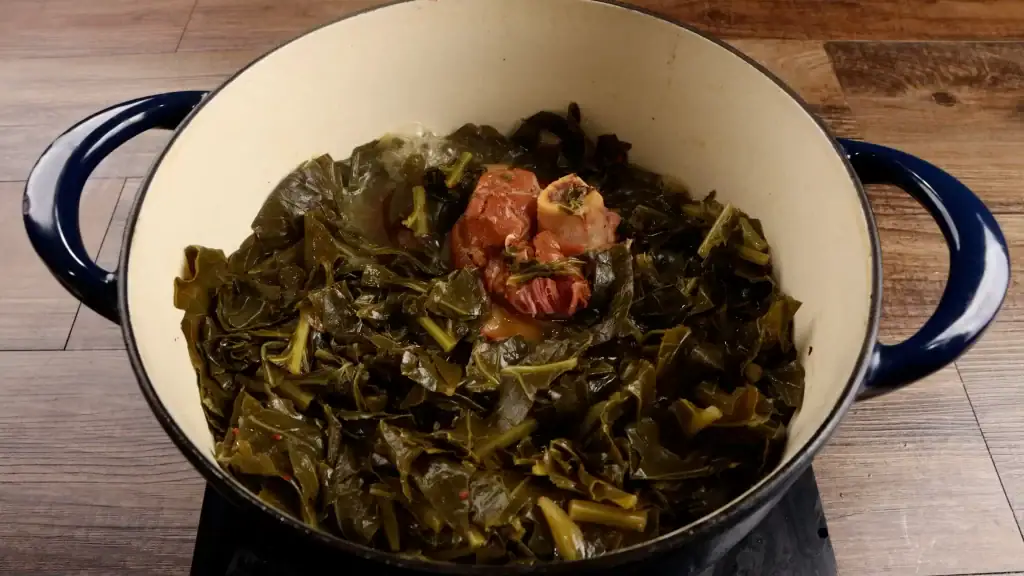 Cooking the collard greens and ham hocks