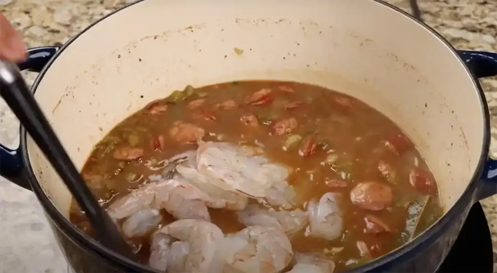 Adding Shrimp to Shrimp and Sausage Gumbo 