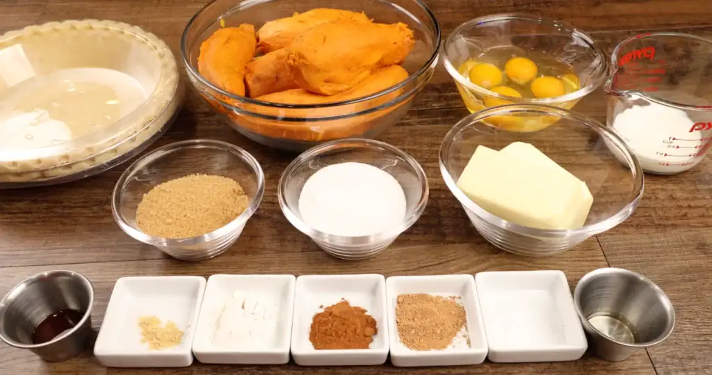 Ingredients for brown butter sweet potato pie
