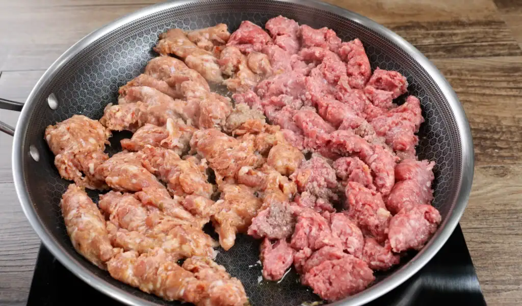 Browning Ground Beef and Sausage for Shrimp Dirty Rice