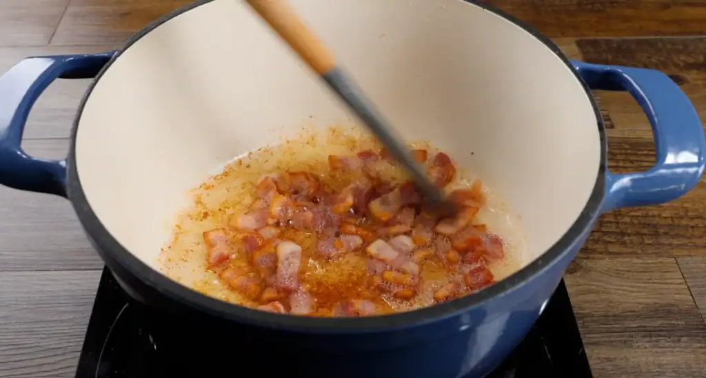 Frying the Bacon for Mustard Greens Recipe