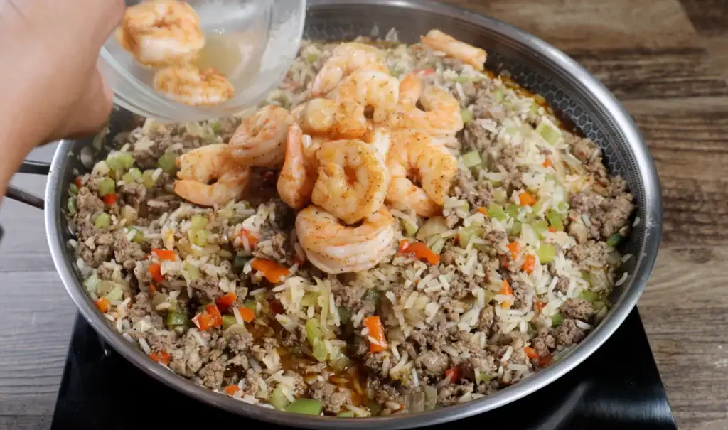 Returning the Shrimp to Pan for Shrimp Dirty Rice