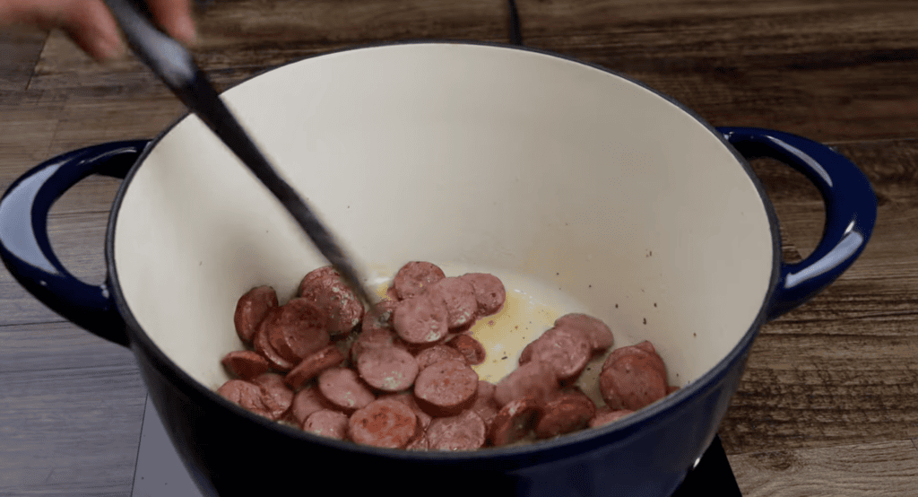Browning the Andouille Sausage for Red Beans and Rice