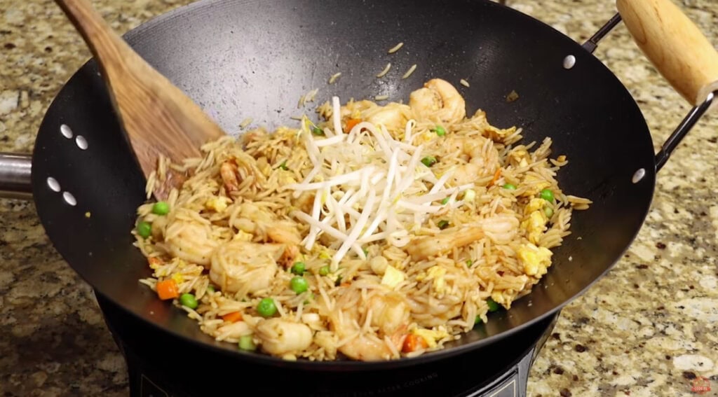 Adding the Bean Sprouts to Shrimp Fried Rice