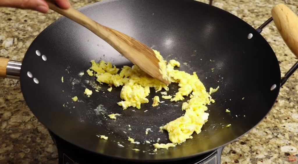Frying the egg for Shrimp Fried Rice