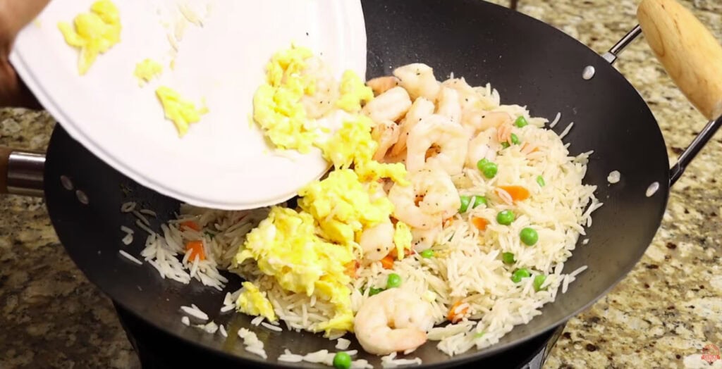 Returning the Shrimp and Egg to the Wok for Shrimp Fried Rice