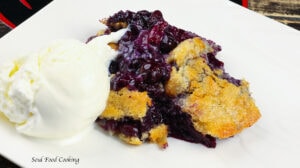 Blueberry Cobbler on a white plate with vanilla ice cream